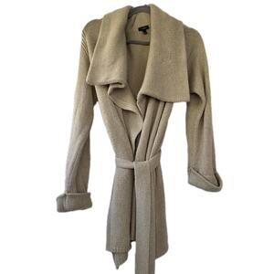 Talbots Wool Blend Cardigan longline Tan Gold belted Size L Oldmoney Collared